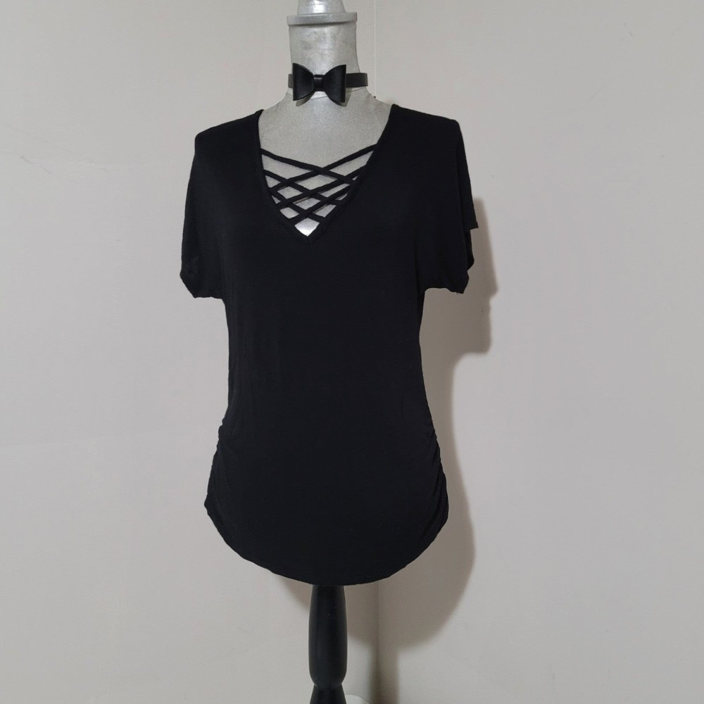 Vintage y2k sexy Say Anything lattice crisscross strap v neck top ruched black M - Picture 3 of 9